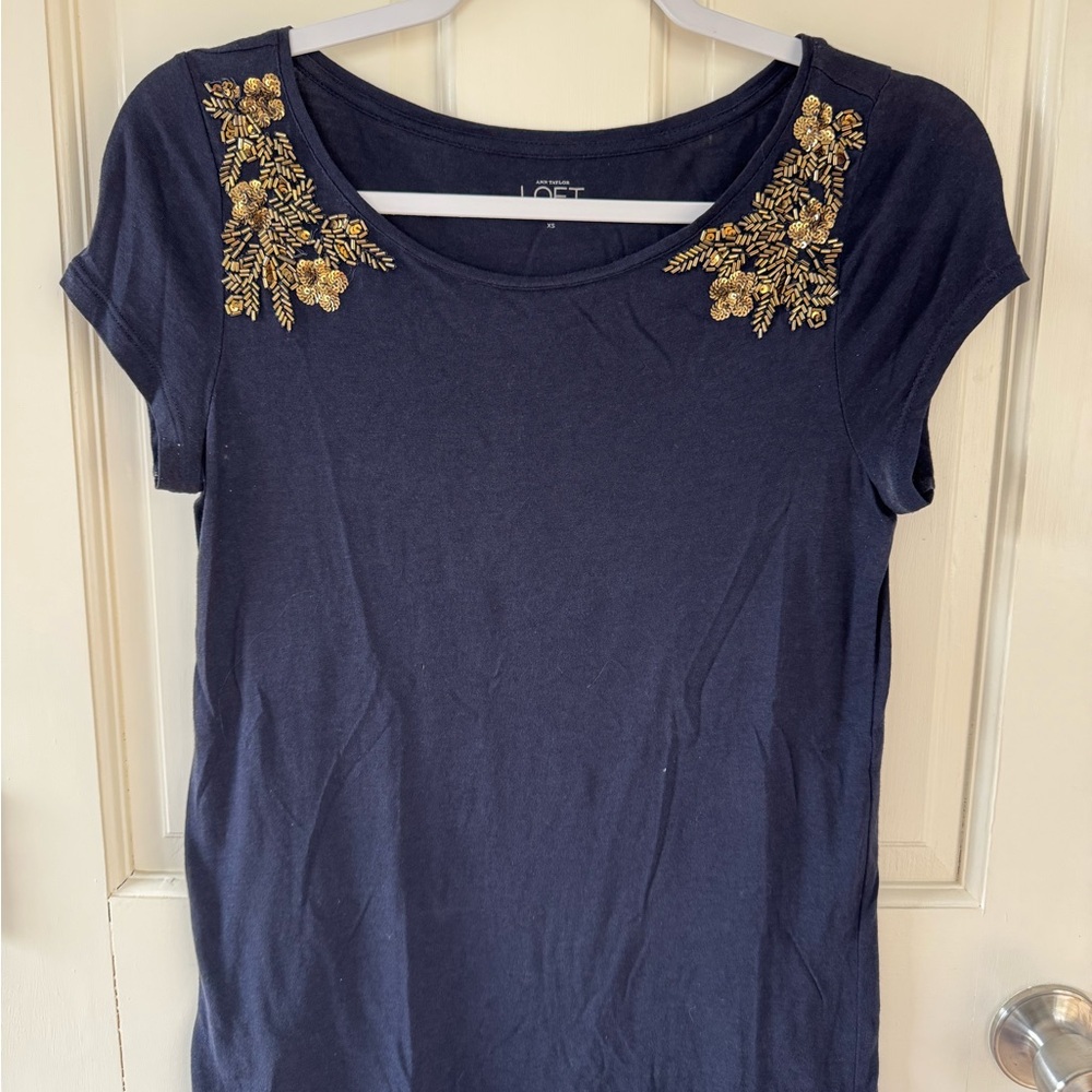 LOFT Navy Blue Top with Gold Embroidery